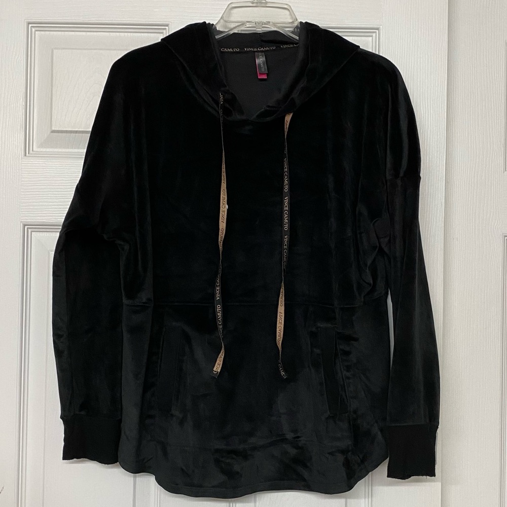 Vince Camuto Black Velour Hooded Top Soft Lounge Wear Spell Out Drawstring Sz M